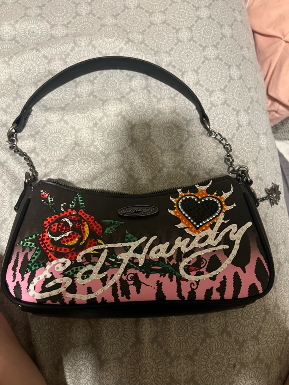 Ed Hardy Black & Pink Rose Heart Stud Shoulder Bag